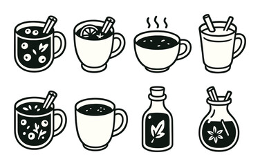 Variety of hot drinks and bottled syrups with decorative elements