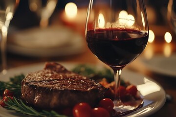 Juicy grilled steak served with cherry tomatoes and a glass of red wine, creating an appetizing gourmet meal setting
