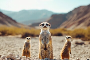 Three meerkats standing guard in a rocky desert valley with mountains in the background