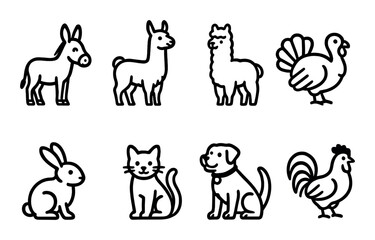 Obraz premium Outlined farm animals set with donkey, llama, turkey, rabbit, cat, dog, rooster