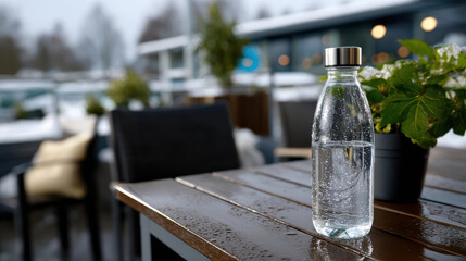 A clear water bottle filled with sparkling water lies on a wooden table, reflecting a wintery ambiance that highlights the contrast between hydration and the cold setting.