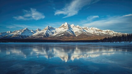 Snow-capped mountains reflected on a calm lake with a clear blue sky.