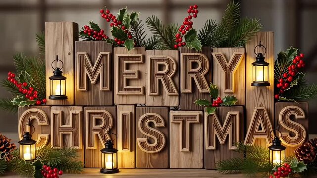 Merry Christmas wooden engraved text with pine leaves berries and warm lantern light