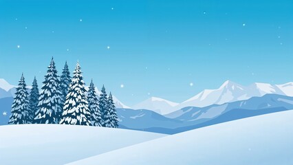 Obraz premium Snowy landscape with evergreen trees and mountains, winter scene, snowfall, serene environment.