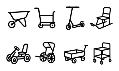 Silhouette collection of various wheeled vehicles on dark background