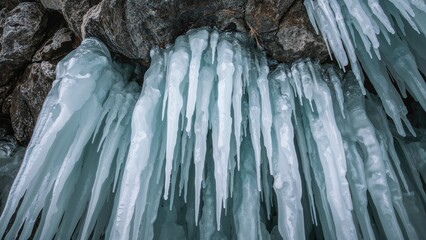 Ice formations on a rocky surface showing icicles and frozen textures.