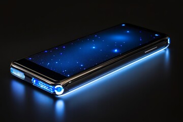 Elegant smartphone displaying a starry night sky, emitting a mesmerizing blue glow, symbolizing cosmic connectivity