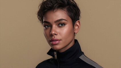 Retrato elegante de mujer afro con piel oscura y expresi&oacute;n serena en fondo c&aacute;lido liso