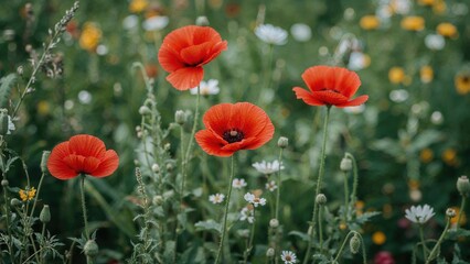 Bright red poppies in a lush green field with small white and yellow wildflowers.