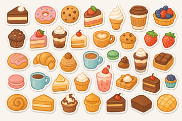 Assorted sweet treats and desserts collection with coffee and berries