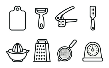 Monochrome kitchen utensils icon set: grater, peeler, garlic press, cutting board
