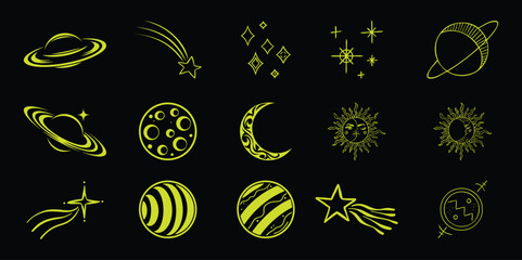 Fototapeta premium Celestial Icons: Planets, Stars, Moons, and Suns in Neon Yellow on Black