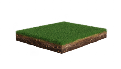 Green grass on brown soil block isolated on a transparent background