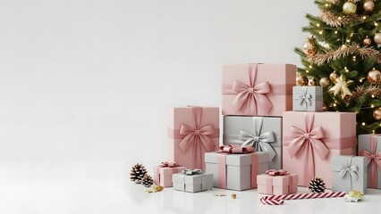 A large stack of elegant pink and silver christmas gifts next to a beautifully decorated tree.