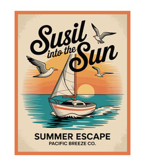 Vintage Summer Sunset Sailboat Poster - Vacation Escape Travel Art t shirt design