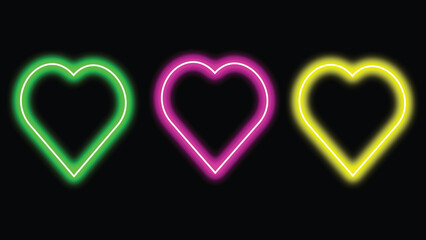 Three vibrant neon heart outlines glow brightly against a deep creating a striking modern visual element for romance and celebration designs