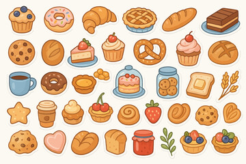 Assorted baked goods collection: pastries, bread, cupcakes, and desserts stickers