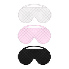 illustration of a white, pink, and black sleep mask. Spa accessory silk fabric glasses for healthy eye rest. Set of sketches of a comfortable eye mask with diagonal stitching.