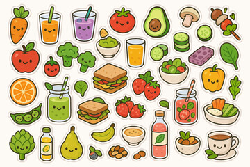 Colorful kawaii food stickers featuring fruits vegetables and drinks.