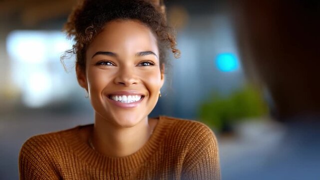 Radiant Beauty: Captivating close-up of a smiling woman, exuding confidence and a warm glow with a natural smile and eyes. 