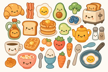 Cute breakfast foods with smiling faces: playful croissants, eggs, and pancakes.