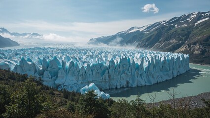 Glacier calving on the mountain, with icebergs and snow-capped peaks in the background. Nature and landscape. The concept of glacial formations and cold climates.