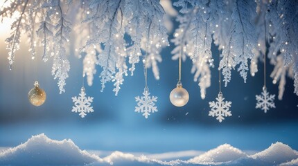 Winter scene digital illustration with frosted branches and hanging ornaments for greeting card