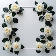 White roses and dark green leaves square frame realistic render for greeting card