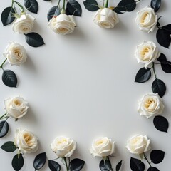 White roses and dark green leaves floral border frame for greeting card design