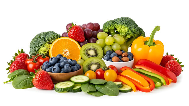 Assorted fresh fruits and vegetables with blueberries, strawberries, kiwi, bell peppers, broccoli, and nuts on white background - Powered by Adobe