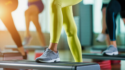Close-up of a woman&rsquo;s legs in bright leggings stepping onto a fitness platform during a group workout in a modern gym with soft light and dynamic motion