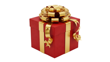 A festive red gift box adorned with a large golden bow and ribbon
