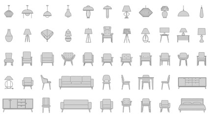 Set of detailed vector illustrations featuring various home interior furniture, including lamps, chairs, and sofas, displayed in both top-down plan view and front elevation perspectives, ideal for arc
