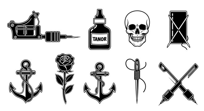 Vintage tattoo art collection - machine, ink bottle, skull, anchors, rose, needle, and thread spool icons.