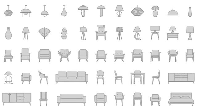Set of detailed vector illustrations featuring various home interior furniture, including lamps, chairs, and sofas, displayed in both top-down plan view and front elevation perspectives, ideal for arc