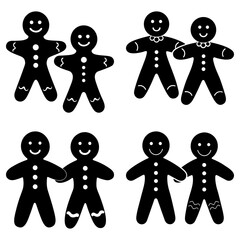 Six smiling gingerbread men holding hands on white background black