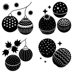 Christmas baubles and cupcakes with stars and leaves on white background