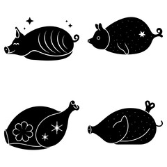Four Black Silhouette Pigs with Stars and Swirls on White Background