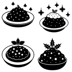 Four Christmas Pudding Desserts with Holly Decorations on White Background stars snowflakes