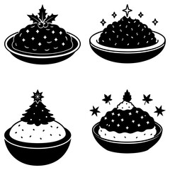 Four Christmas Pudding Desserts with Festive Decorations on White Background holiday