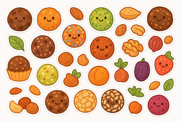 Variety of colorful smiling cartoon cookies and nuts with leaves and fruits.