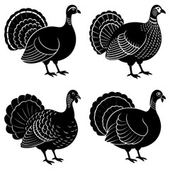 Four black and white turkey silhouettes with detailed feather patterns on transparent background bird 2