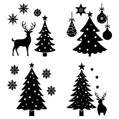Christmas-themed black and white silhouette of reindeer, trees, snowflakes, and ornaments on transparent background