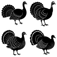 Four black and white turkey silhouettes with detailed feather patterns on transparent background bird 3