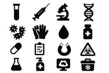Medical icons: syringe, microscope, dna, bacteria, caution signs, and more.
