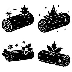Four Decorated Logs with Stars and Holly on White Background decoration winter