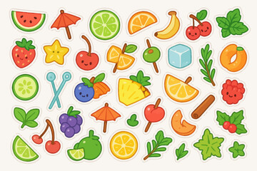 Colorful illustrated fruit and herb stickers