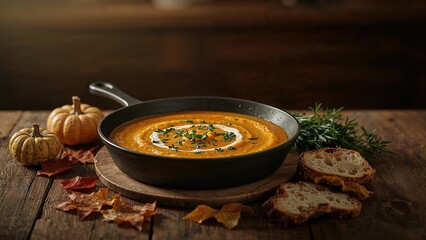 A bowl of pumpkin soup served in a skillet with bread and small pumpkins, surrounded by autumn leaves. Fall and cuisine, concept. Food presentation and seasonal ingredients.