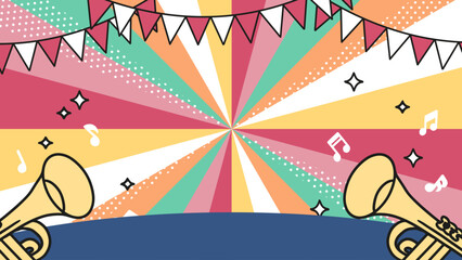 Pop Art Festive Celebration Scene with Trumpets. Perfect for party invitations, music festival graphics, celebration banners, event posters, and festive promotional designs