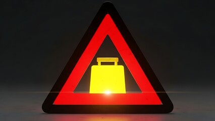 Warning triangle sign with yellow caution light on dark background